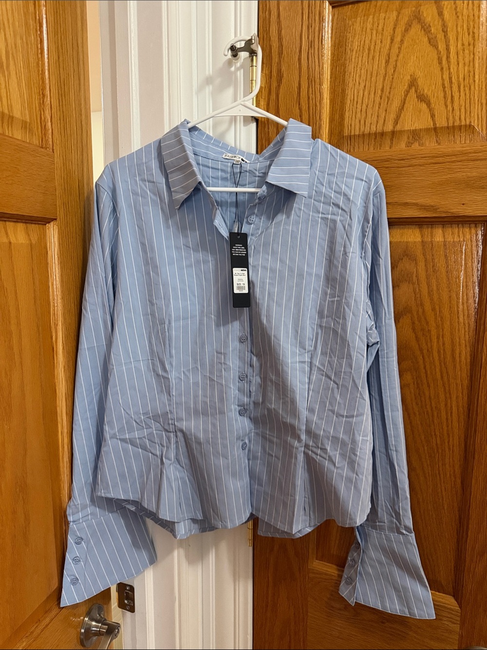Fashion Nova Light Blue Pinstripe Button Down Shirt